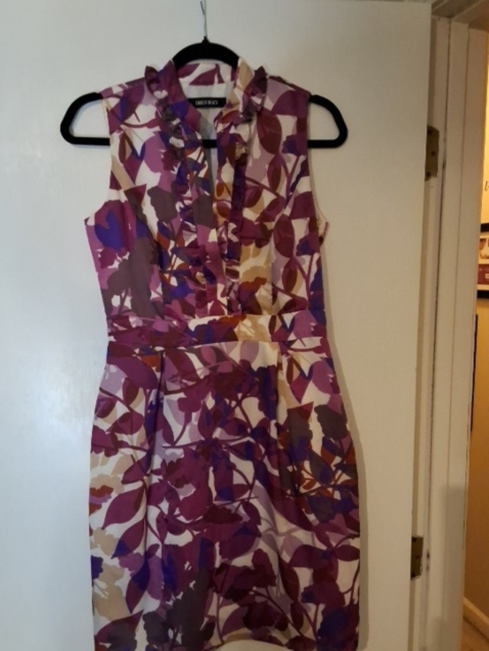 Ellen Tracy Purple, Cream & Tan Floral Ruffle Neck Sheath Dress